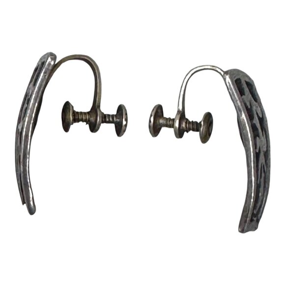 Vintage Alpaca Silver Screw Back Earrings Tribal Black Inlay Design For Women - Picture 8 of 8